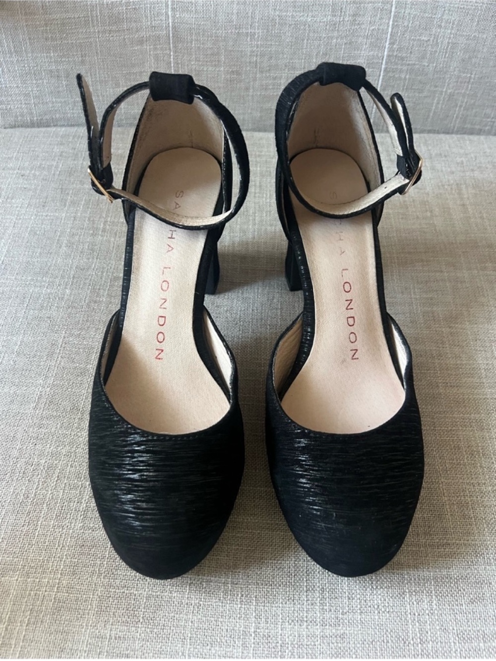 Sacha London Black Ankle-Strap Block Heels, size 7, textured dressy luxury